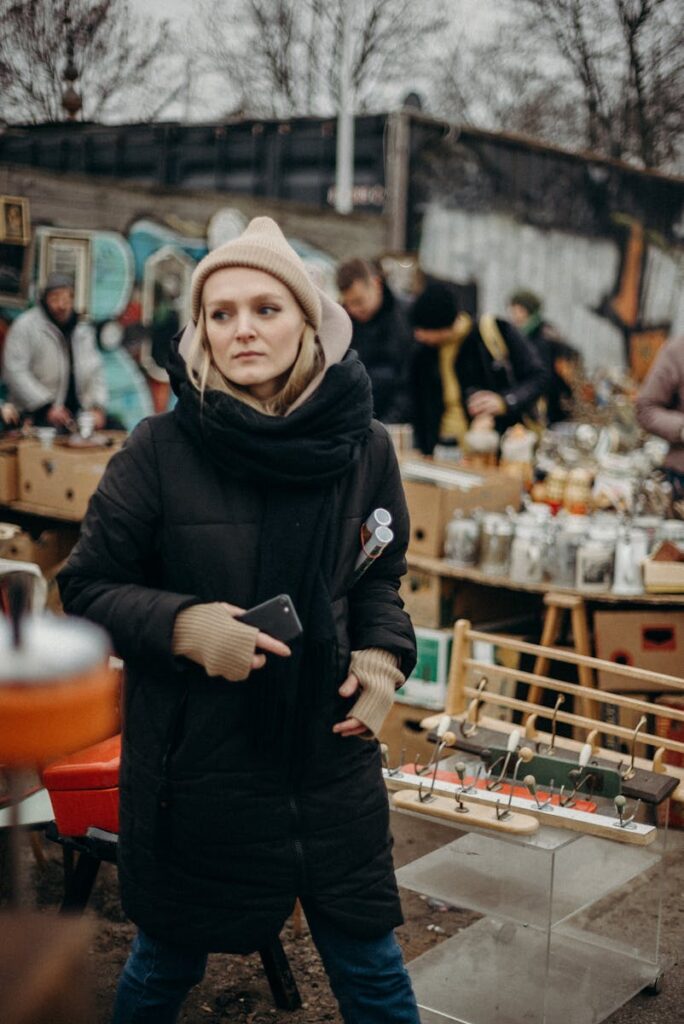 Boxhagener Platz Market Woman in Black Jacket and Gray Knit Cap